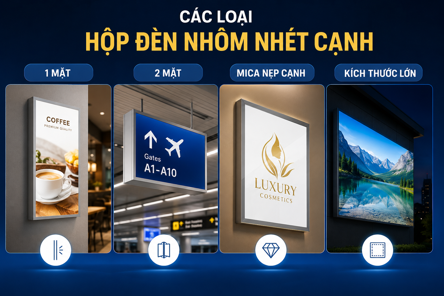 Các loại hộp đèn nhôm nhét cạnh